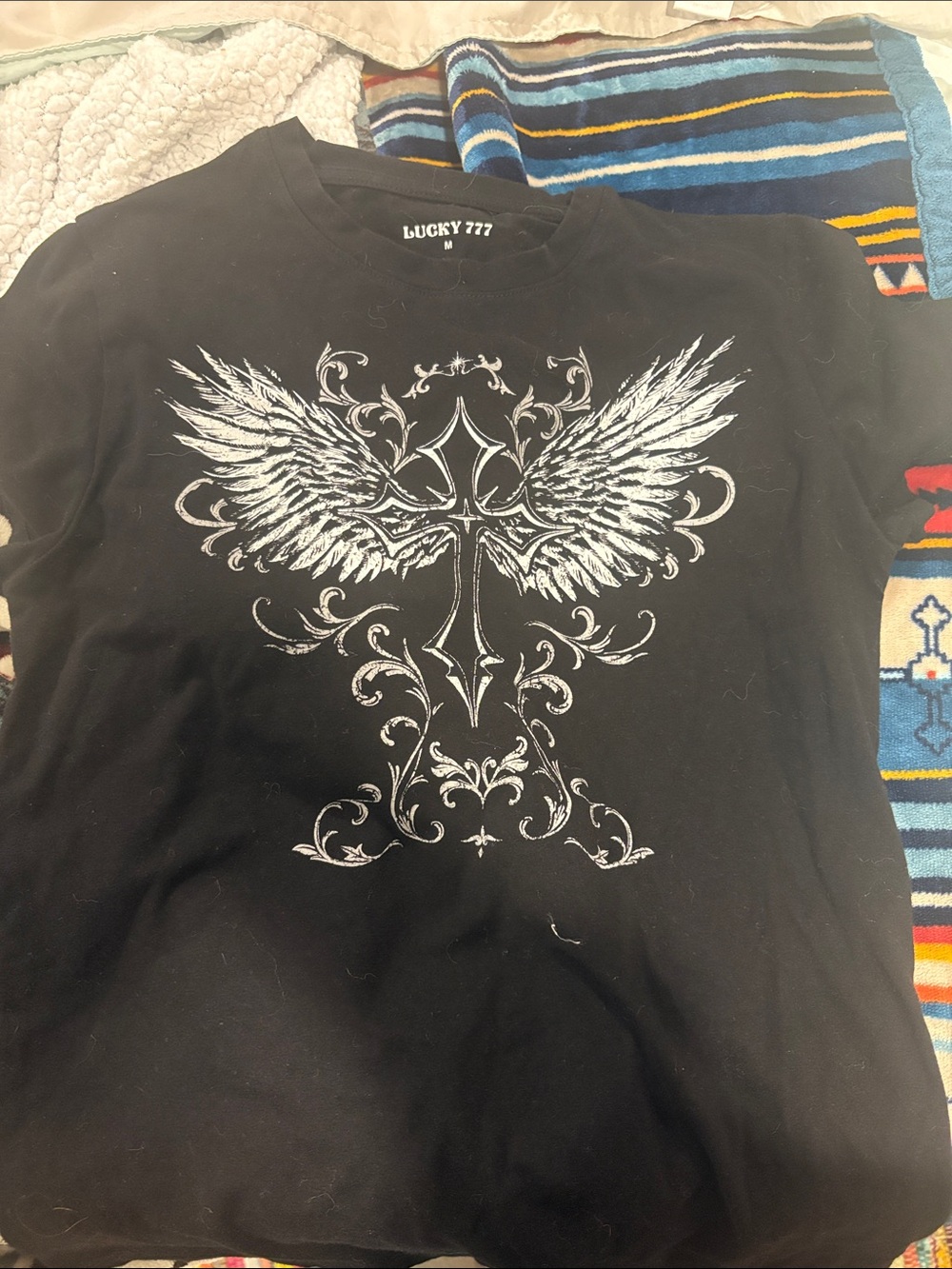 Lucky Brand Black Short Sleeve Tee with White Winged Cross Design